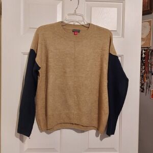 Vince Camuto Wmns XS Tan Navy Blue Colorblock Crew Neck Pullover Sweater RN51323